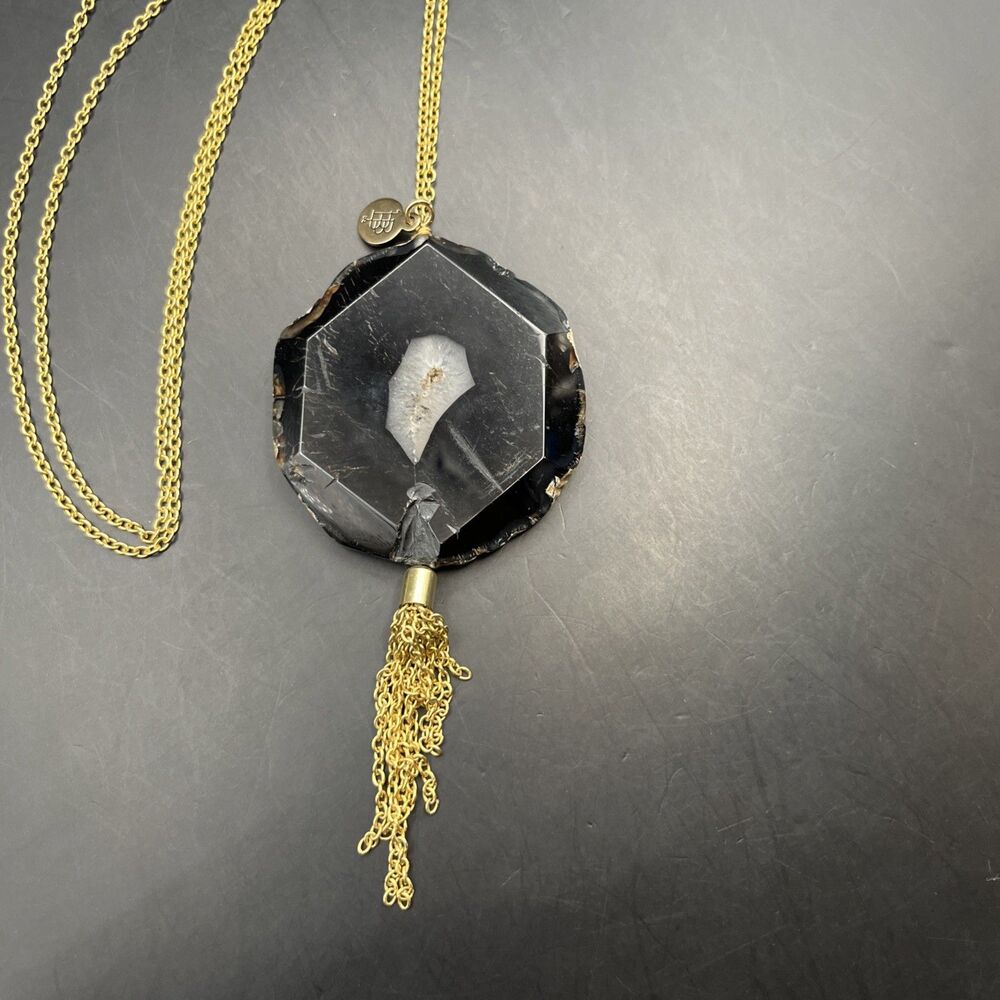 Bourbon And Bowties Boho Tassel Pendant Necklace Black Geode Gold Tone 30 In - Picture 2 of 6